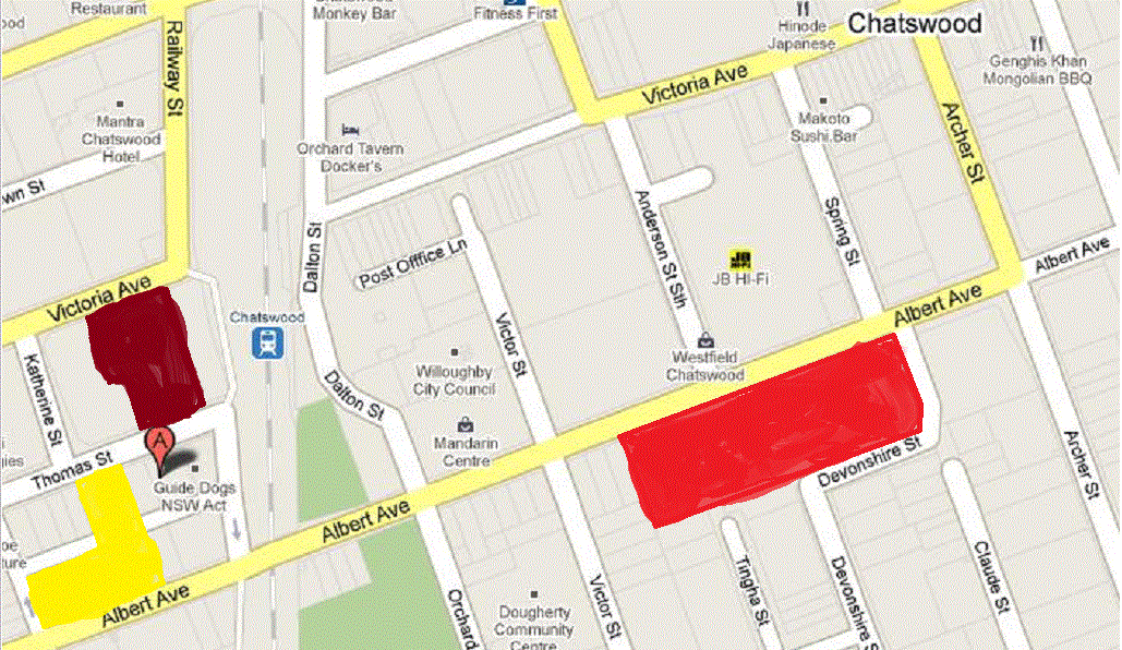 A: Harricks auditorium; Yellow: Public Parking; Red Westfiled Parking; Borwn: RSL CLUB